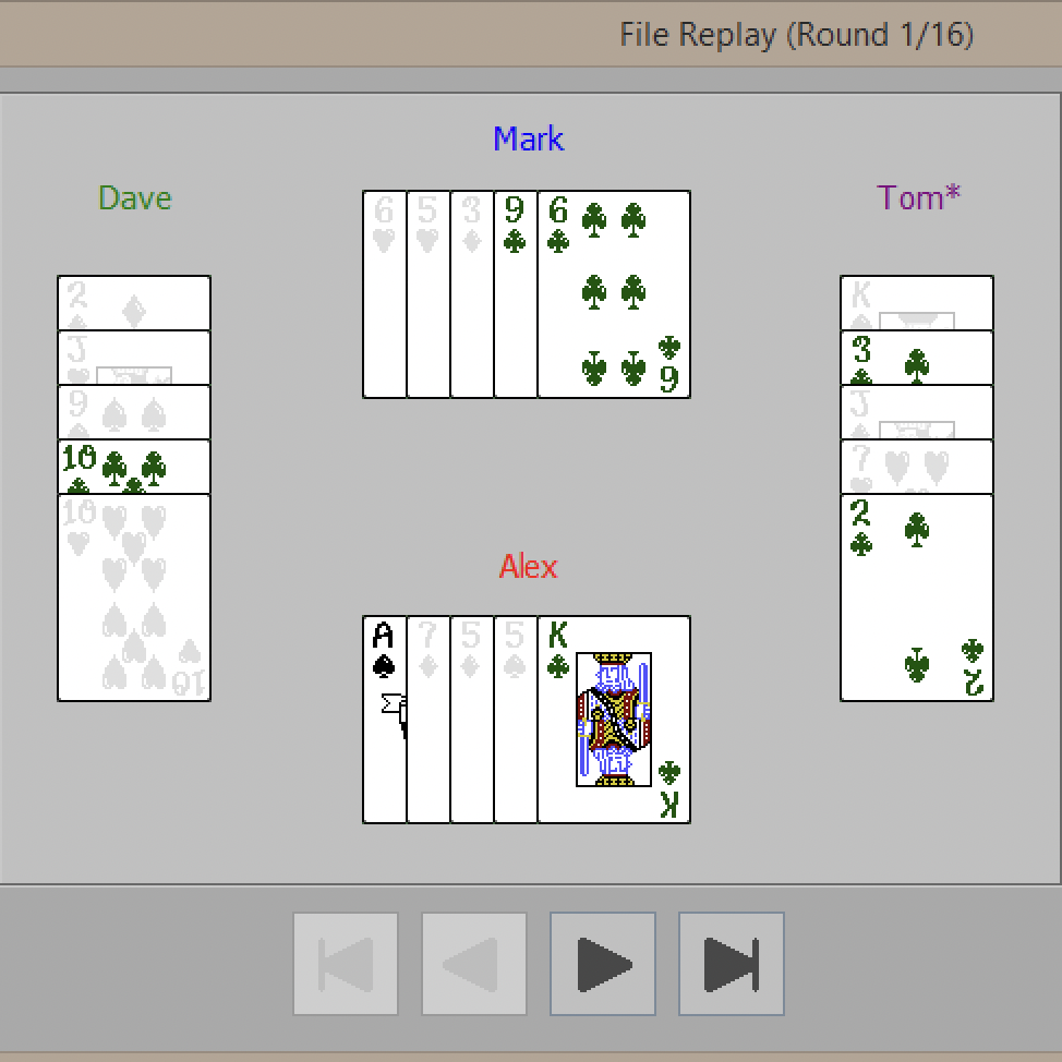 A replay screen, showing 7 clubs (including the Ace of Spades, which counts as a club) between the players