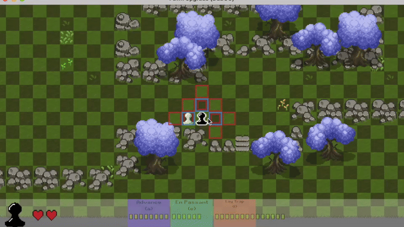 In game footage of a black pawn gaining loot, then fighting with a white pawn.